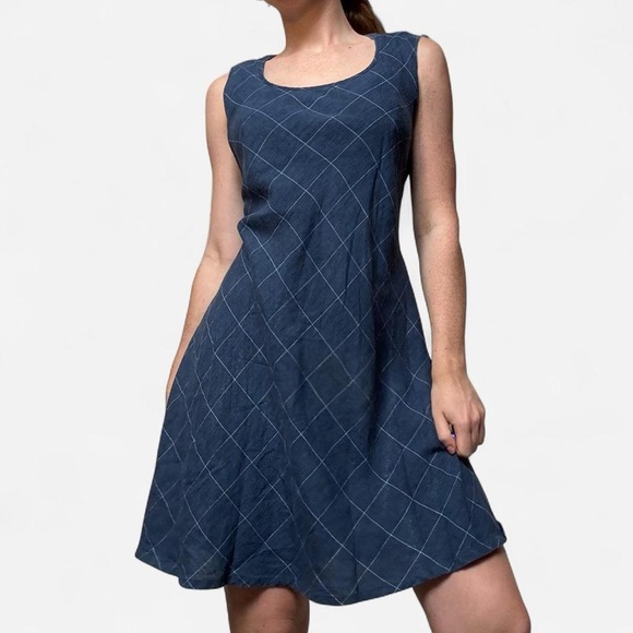 Dresses & Skirts - European Linen blue checkered dress with tie waist